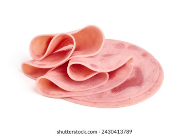 Cooked boiled ham slices, isolated on white background.