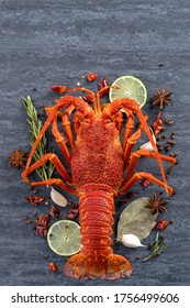 Cooked Boiled Lobster, Delicious Dinner Seafood Meal Set With Knife And Fork On Black Stone Slate Background, Restaurant Menu Design, Top View, Overhead