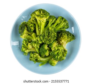 Cooked Broccoli In Blue Glass Plate Isolated On White Background. Top View