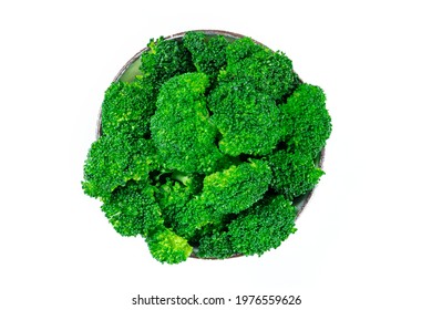 Cooked Broccoli In A Bowl, Shot From The Top On A White Background