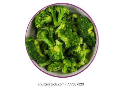 Cooked Broccoli In Glass Bowl Isolated On White Background. Top View