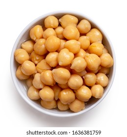 Cooked Chick Peas In A White Ceramic Bowl Isolated On White. Top View.