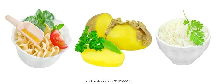 Cooked And Cooled Potatoes, Rice And Pasta With Resistant Starch Isolated On White Background