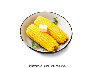 Cooked Corn On The Cob Served With Salt And Butter. Isolated On White Background