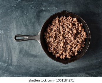 Cooked Ground Beef In Cast Iron Skillet Flat Lay Composition