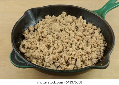 Cooked Ground Turkey Meat In Cast Iron Frying Pan