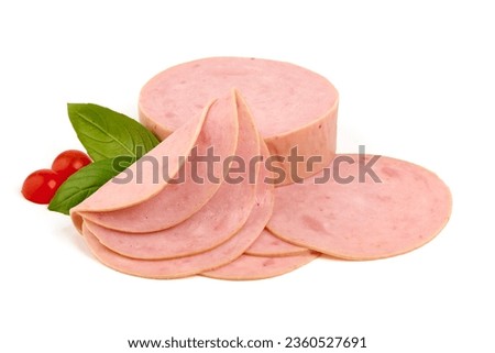 Cooked ham slices, isolated on a white background