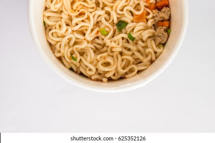 Cooked Instant Cup Noodle With Ingredient On White Background