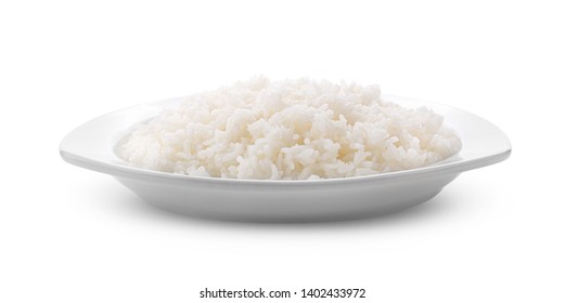 Cooked Jasmin Rice In White Plate On White Background