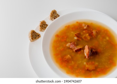 Cooked Legumes And Vegetables In A Bowl. Ribollita Traditional Tuscany Dry Pea Soup With Chopped Green Peas, Pork, Bacon. German Split Pea Soup With Bacon.