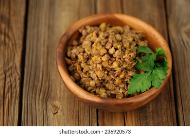 Cooked Lentils In Wooden Bowl