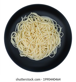 Cooked Linguine Pasta On Circle Black Plate Isolated On White.