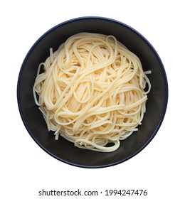 Cooked Linguine Pasta On Circle Black Bowl Isolated On White.