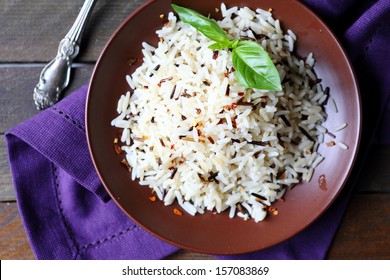 Cooked Long Grain Rice In A Ceramic Plate, Top View