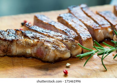 Cooked Medium Grass Fed Beef Steak Sliced in Long Pieces