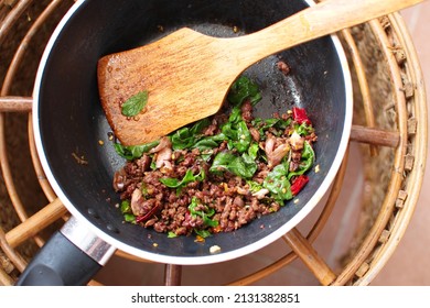 Cooked Minced Beef Stir Fried Basil Holy Leaves Peppers Chili In Pan, Close Up Top View 