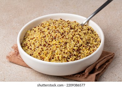 Cooked Mix Of Seeds, Red, White Quinoa, Bulgur And Pasta. Cereal Superfood Concept.