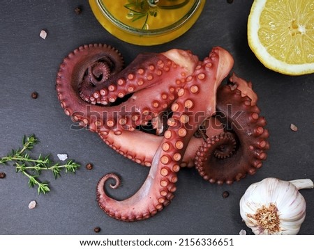 Cooked octopus tentacles on black slate plate served with spices, garlic, lemon and olive oil, top view of delicious sea food