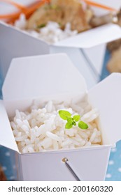 Cooked, Plain Rice In A Take Away Box