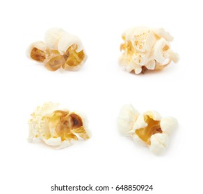 Cooked popcorn flake isolated over the white background, set of four different foreshortenings