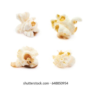 Cooked popcorn flake isolated over the white background, set of four different foreshortenings