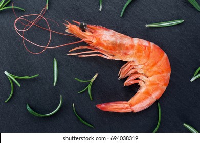 Cooked Prawn With Rosemary On A Dark Background. Seafood.