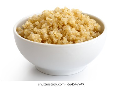 Cooked Quinoa In White Ceramic Bowl Isolated On White. 