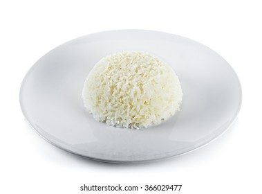 Cooked Rice With Plate Isolated On White Background.