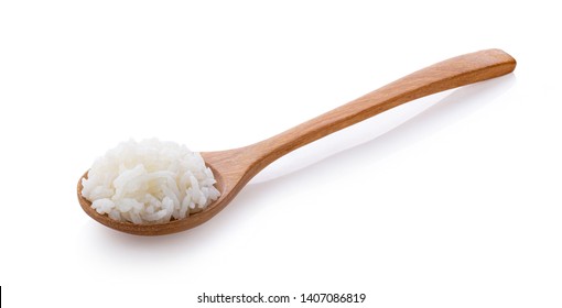 Cooked Rice In Wood Spoon On Isolated White Background 