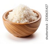 Cooked rice in wooden bowl isolated on white background with clipping path front-view