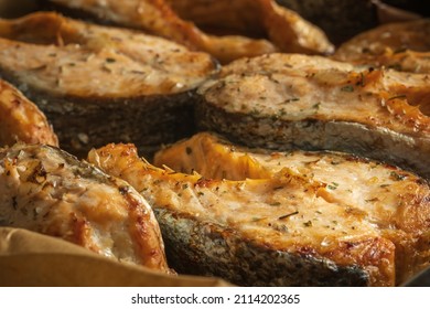 Cooked Salmon Filets On Baking Tray Closeup