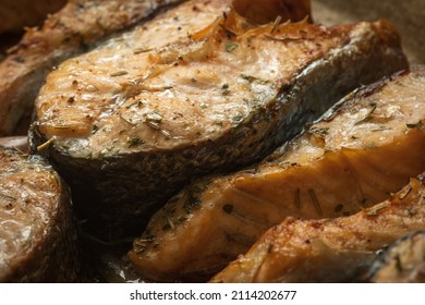 Cooked Salmon Filets On Baking Tray Closeup