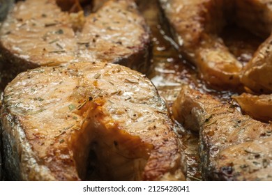 Cooked Salmon Filets On Baking Tray Closeup