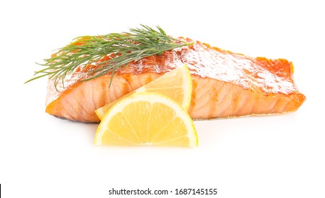 Cooked Salmon Fillet On White Background