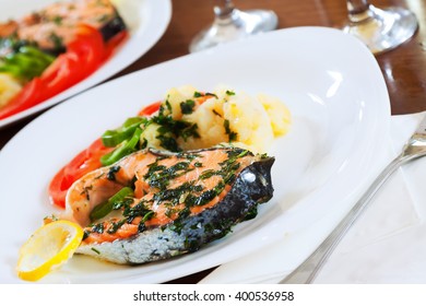 Cooked Salmon Fish On The Plate 