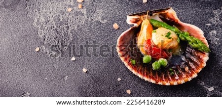 Cooked scallops with vegetables on a dark background