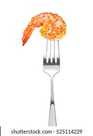 Cooked Shrimp On Fork Isolated On White Background