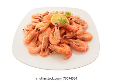 Cooked Shrimp On A Large Plate. Isolated On White