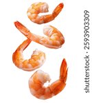 Cooked shrimps falling on transparent background