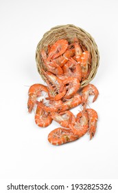 Cooked shrimps isolated on Basket weave and white background.