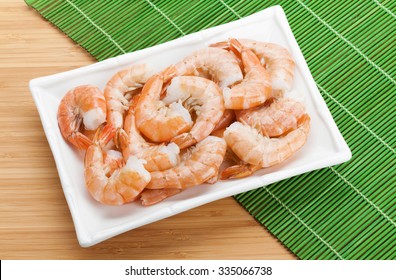 Cooked Shrimps. View From Above On Wooden Table