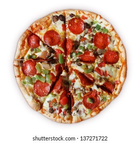 Cooked, Sliced, Frozen Deluxe Pizza With Pepperoni, Red Onion, Red Pepper, Green Pepper, Mushroom And Shredded Mozzarella Cheese On White Background.