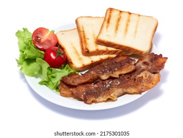 Cooked Slices Of Bacon, Grilled Toast And Salad On White Ceramic Plate Isolated On White Background