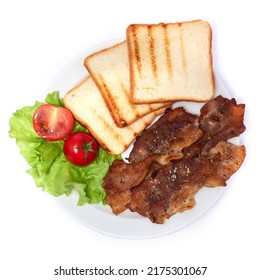 Cooked Slices Of Bacon, Grilled Toast And Salad On White Ceramic Plate Isolated On White Background