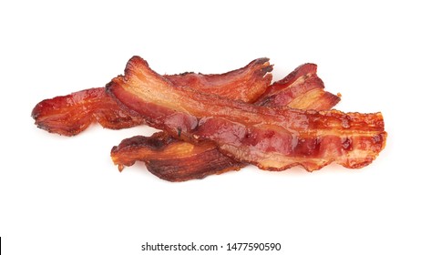 cooked slices of bacon isolated on white background