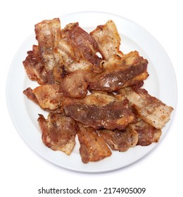 Cooked Slices Of Bacon On White Ceramic Plate Isolated On White Background