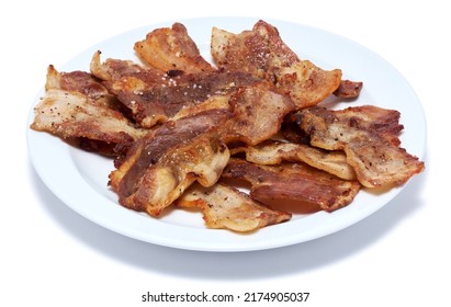 Cooked Slices Of Bacon On White Ceramic Plate Isolated On White Background