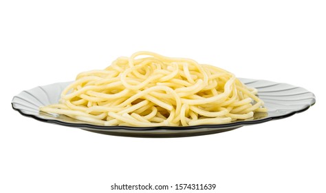 Cooked Spaghetti In Grey Glass Plate Isolated On White Background. Side View