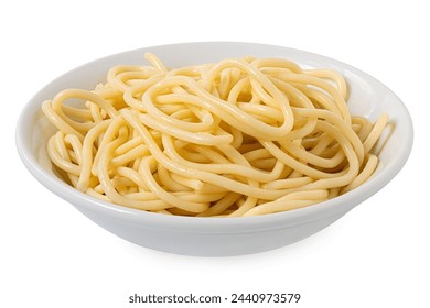 Cooked spaghetti in a white ceramic bowl isolated on white.