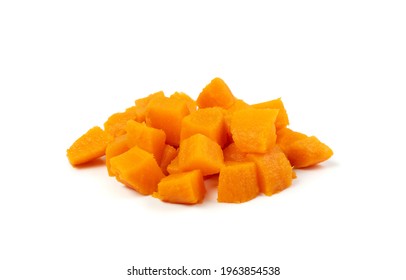 Cooked Sweet Potato Pieces Isolated. Steamed Sweetpotato Cubes, Chopped Boiled Batata, Baked Ipomoea Batatas, Sweet Potatoes On White Background